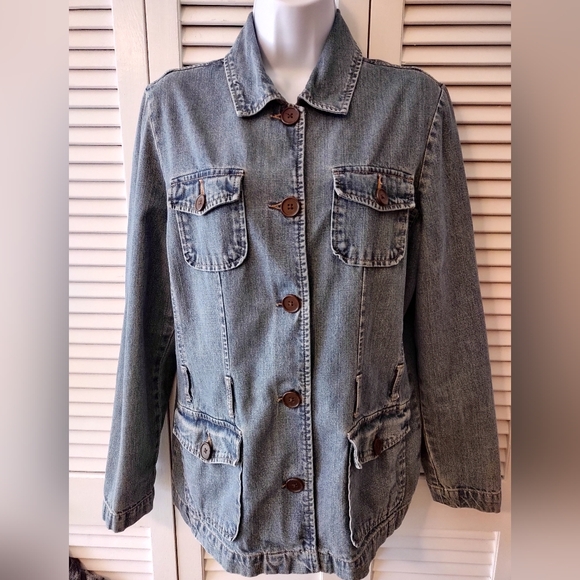 French Cuff Vintage Button Front Denim Jeans Jacket size Medium - Picture 2 of 13